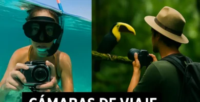 Cámara digital subacuática en aguas turquesa y fotógrafo retratando tucán en selva verde