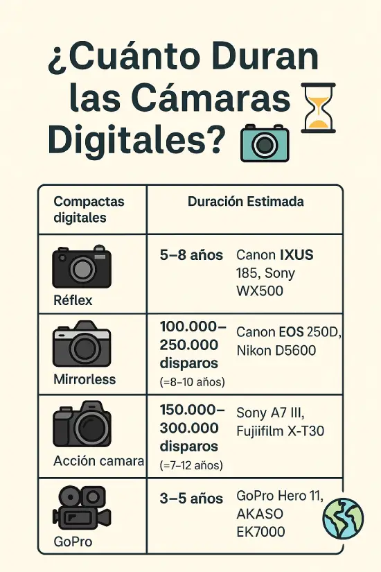 Duración estimada de cámaras digitales para viajar: compactas, réflex, mirrorless y cámaras de acción con ejemplos de modelos populares ⏳📷🌍