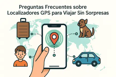 Ilustración con móvil mostrando mapa GPS y elementos rastreables como maleta, perro, coche y niño para representar preguntas frecuentes sobre localizadores GPS al viaja