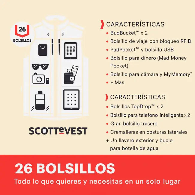 SCOTTeVEST con 26 bolsillos: RFID, gestión de cables y distribución de peso para viajar sin mochila 🔐