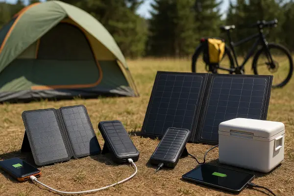 Power banks solares cargando móviles y tablets junto a paneles solares plegables; el panel de alta potencia alimenta una bicicleta eléctrica y una nevera portátil en un camping