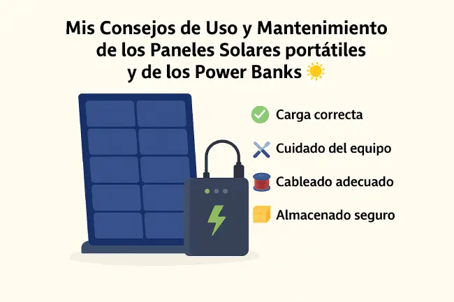 Consejos de uso y mantenimiento de cargadores solares portátiles y power banks: carga correcta, cuidado del equipo, cableado adecuado y almacenado seguro entre otros ☀️🔋🛠️