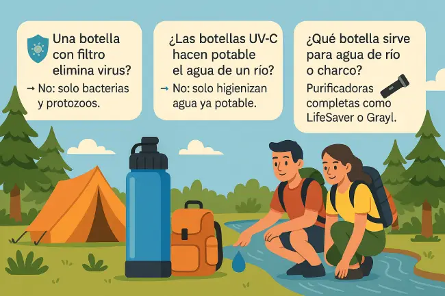 FAQ sobre botellas purificadoras de agua portátil con preguntas clave: filtro vs virus, UV-C y purificadores para agua de río, ilustrada en un camping.