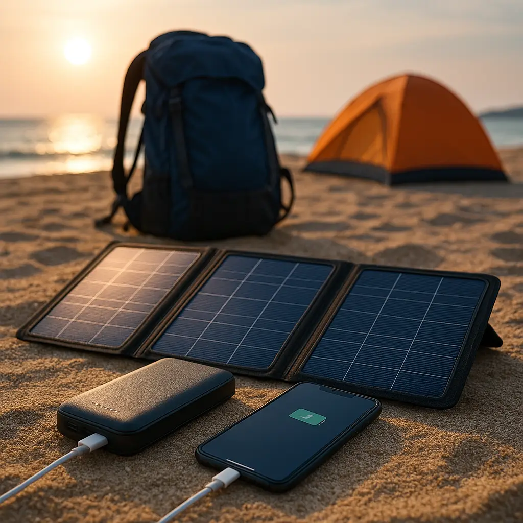 Cargador solar portátil cargando un móvil mediante panel solar plegable durante un viaje de camping ☀️🔋📱