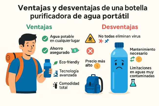 Infografía de ventajas y desventajas de una botella purificadora de agua portátil: agua potable en cualquier lugar, ahorro y eco-friendly vs precio alto, mantenimiento y limitaciones.