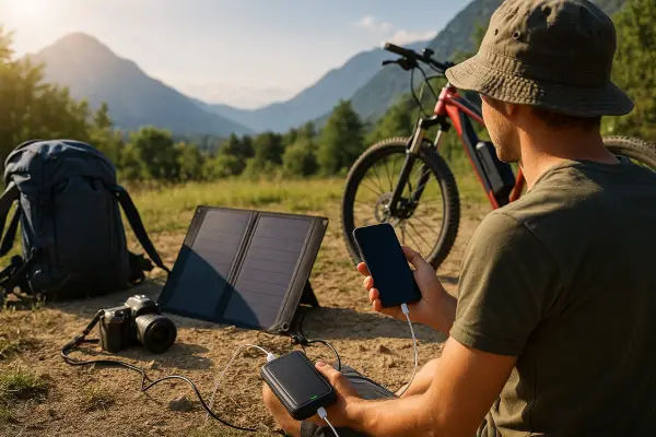 Power bank solar portátil cargando un móvil mientras un panel solar plegable alimenta una cámara y una bicicleta eléctrica en un viaje de montaña