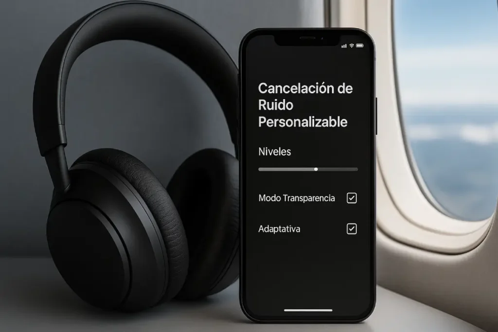 Auriculares con cancelación de ruido personalizable con niveles, modo transparencia y ANC adaptativa en app móvil ✈️🎧