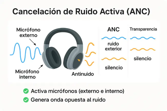 Infografía en español que explica la Cancelación de Ruido Activa (ANC) en auriculares: micrófono externo capta el ruido, micrófono interno y procesador generan antirruido; comparación con modo Transparencia.