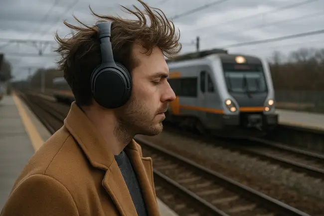 joven usando auriculares con cancelación de ruido en una estación de tren al aire libre con viento y un tren llegando. Imagen que ilustra cómo los auriculares ANC reducen el ruido ambiental y mejoran la experiencia auditiva en entornos ruidosos.