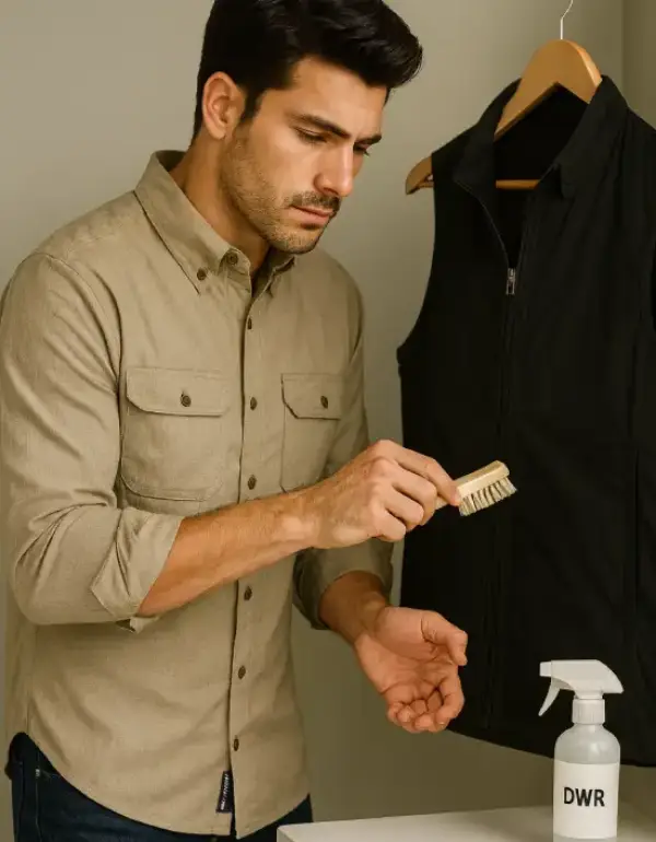 Hombre con camisa SCOTTeVEST Adventurer cuidando un chaleco con spray DWR y cepillo