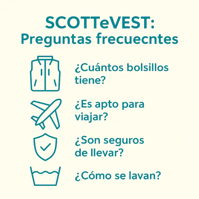 scottevest-faq-seguridad-y-viaj Infografía FAQ de SCOTTeVEST: ¿son seguros de llevar? y ¿son aptos para viajar? con iconos de candado y maleta, viñetas sobre bolsillos ocultos, cremalleras YKK, distribución del peso y uso en aeropuertos.
