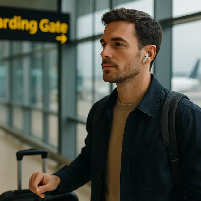 Viajero en aeropuerto usando AirPods Pro 2 USB-C con cancelación de ruido, maleta de cabina y puerta de embarque al fondo; guía para elegir, configurar y usar en viajes.