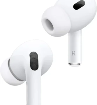 Apple AirPods Pro 2 con almohadillas de silicona, micrófonos y cancelación activa de ruido.