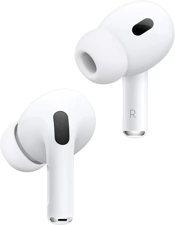 Apple AirPods Pro 2 con almohadillas de silicona, micrófonos y cancelación activa de ruido.