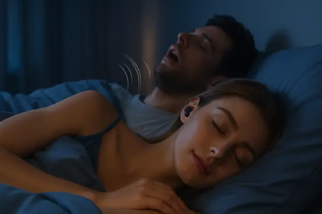 Mujer durmiendo con auriculares in-ear con cancelación de ruido mientras su pareja ronca; ideal para bloquear ronquidos y ruidos del dormitorio.