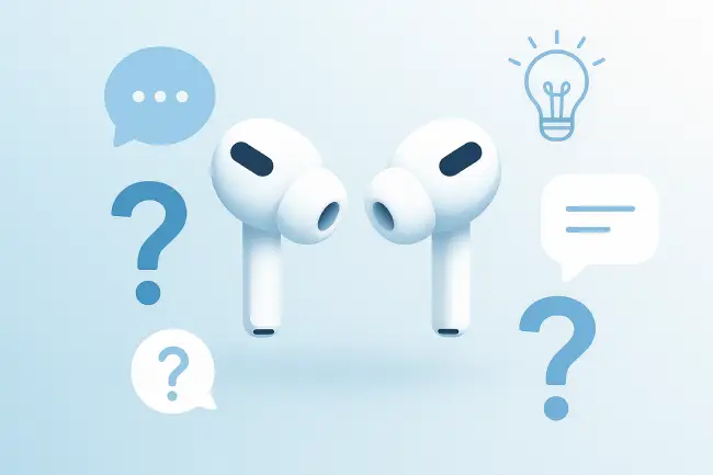 Ilustración minimalista de auriculares AirPods Pro 2 USB-C rodeados de iconos de preguntas y respuestas, representando las dudas más frecuentes de los usuarios.