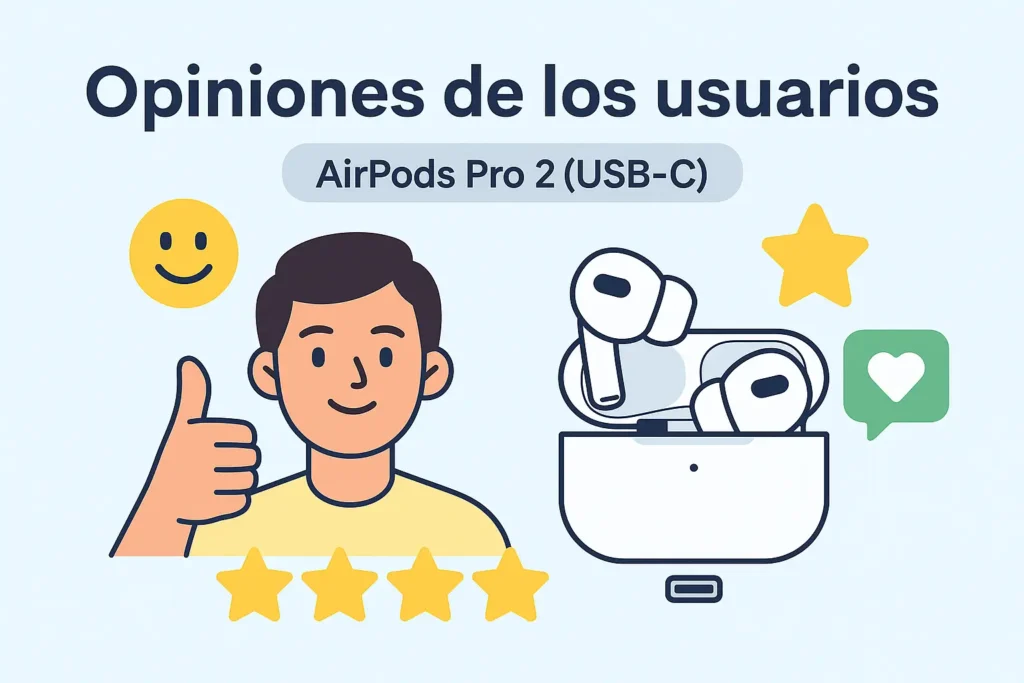 Ilustración colorida de viajero escuchando música con los AirPods Pro 2 USB-C en el aeropuerto, con maleta y fondo de aviones, simbolizando opiniones positivas de usuarios.