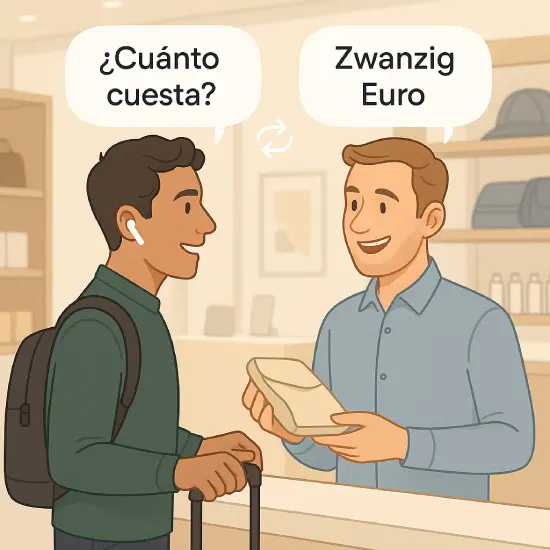 Viajero con AirPods Pro 2 preguntando ‘¿Cuánto cuesta?’ en una tienda mientras recibe la traducción al alemán ‘Zwanzig Euro’ gracias a la función de traducción en tiempo real de Apple Intelligence.