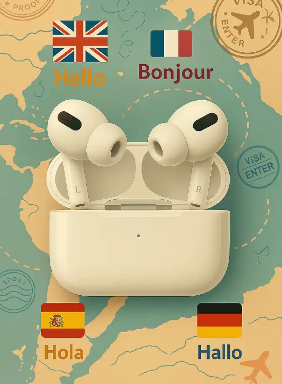 AirPods Pro mostrando traducción en tiempo real con banderas de distintos países y palabras en varios idiomas para ilustrar la función de traducción con AirPods.