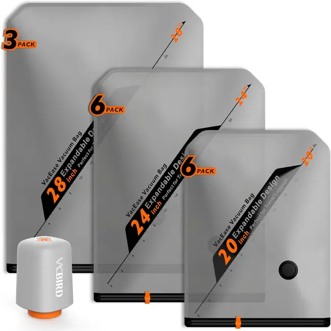 15 Bolsas al Vacío con Bomba Eléctrica Vacbird para viajes.