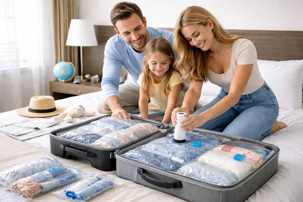 Familia preparando la maleta con bolsas al vacío y bomba de compresión para ahorrar espacio al viajar de forma organizada 🧳✨