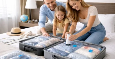 Familia preparando la maleta con bolsas al vacío y bomba de compresión para ahorrar espacio al viajar de forma organizada 🧳✨