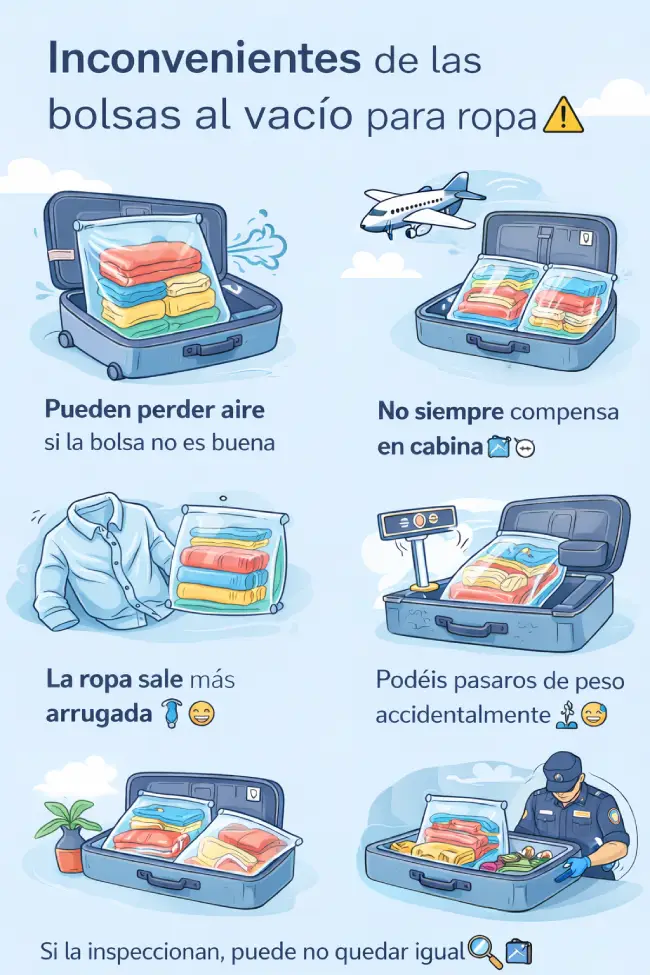 Inconvenientes de las bolsas al vacío para ropa en viajes: pérdida de aire, mal sellado y errores comunes al usarlas.