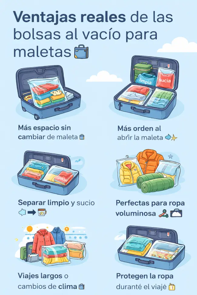Ventajas de usar bolsas al vacío para maletas: más espacio, ropa ordenada y compresión de prendas voluminosas para viajar mejor.