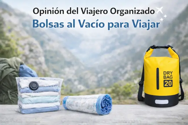 Comparativa de bolsas al vacío para viajar: bolsa con bomba eléctrica, bolsa de compresión roll-up y bolsa estanca dry bag para camping y maleta.