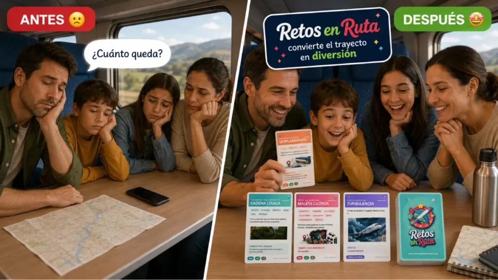 Familia aburrida en un tren antes de jugar y familia divirtiéndose después con Retos en Ruta, usando cartas imprimibles reales de palabras censuradas, memoria, palabras encadenadas y cartas especiales