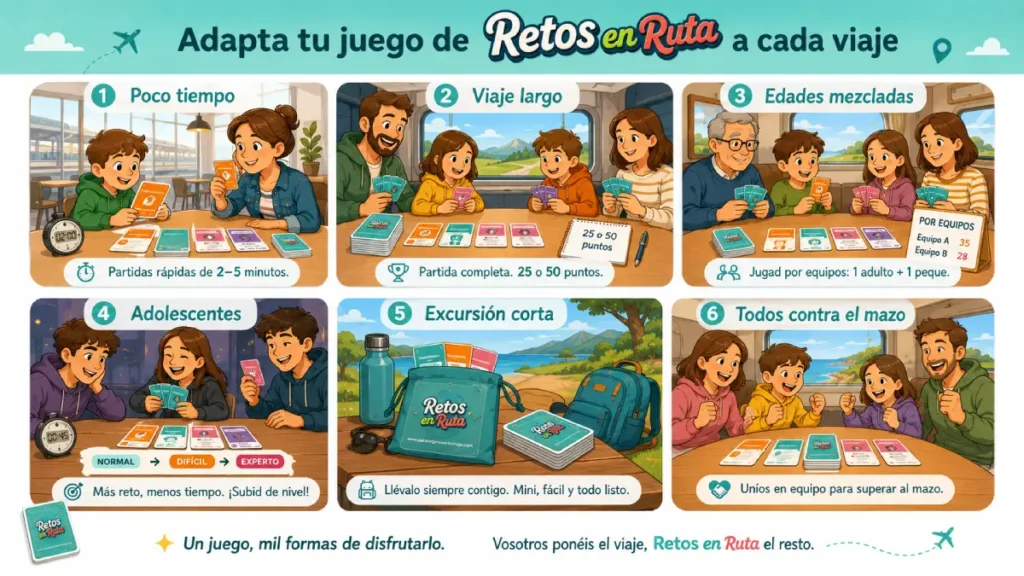 Mazo y cartas de Retos en Ruta con distintas formas de jugar según el viaje: partida rápida, trayecto largo, equipos y juego cooperativo