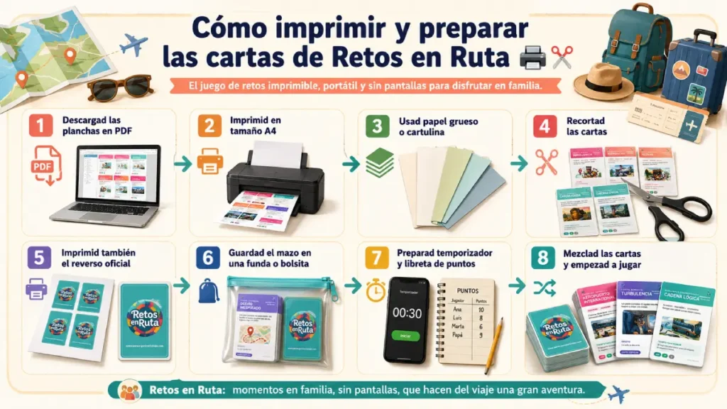 Infografía sobre cómo imprimir y preparar las cartas de Retos en Ruta, con pasos para descargar, imprimir en A4, recortar, preparar el mazo y guardarlo para viajar en familia