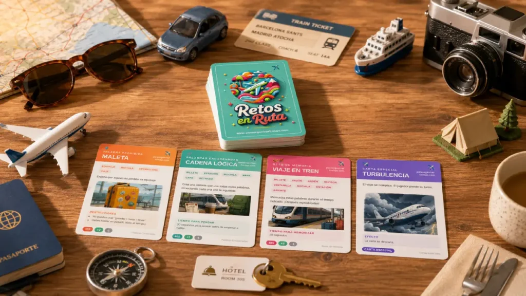 Mazo y cartas de Retos en Ruta sobre una mesa de viaje, con elementos de coche, tren, avión, barco, camping, hotel y restaurante que hacen ver los sitios idelaes donde se puede jugar a Retos en Ruta.
