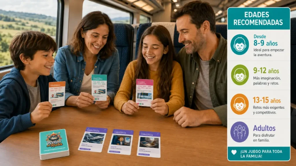 Familia jugando a Retos en Ruta en un tren, con cartas imprimibles del juego y una guía de edades recomendadas desde 8-9 años hasta adultos
