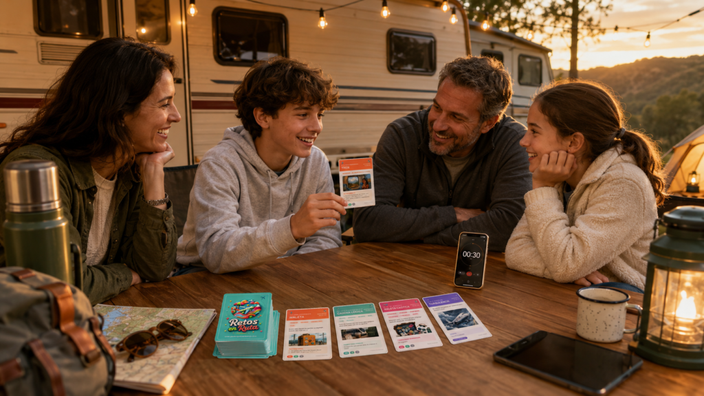 Familia jugando al  juego imprimible gratis para viajar en familia  Retos en Ruta en un camping al atardecer, con un jugador mostrando una carta mientras los demás participan alrededor de la mesa