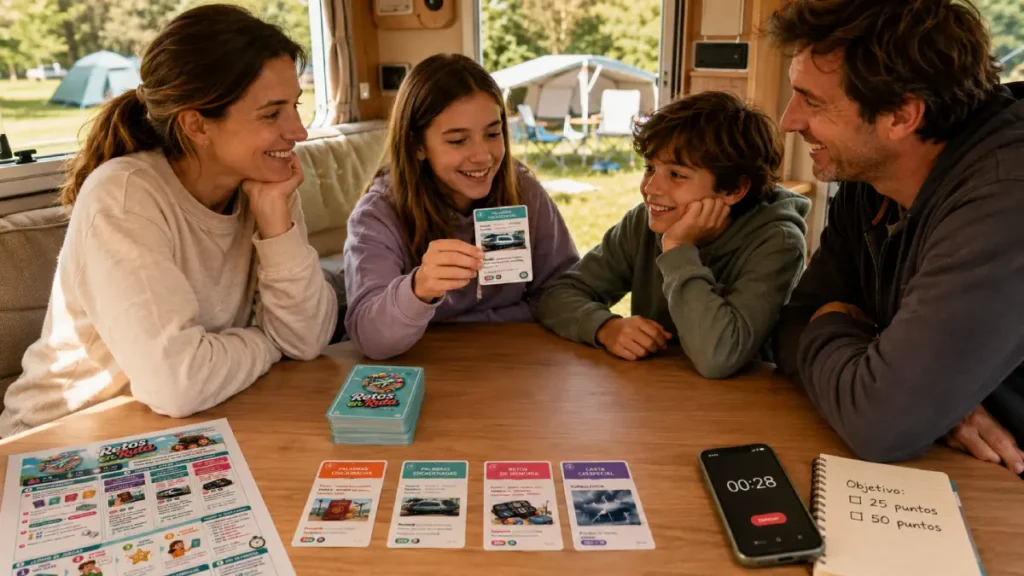 Familia jugando al juego imprimible gratis para viajar en familia Retos en Ruta dentro de una caravana, con una niña mostrando una carta, un mazo boca abajo, temporizador, hoja de reglas y objetivo de 25 o 50 puntos