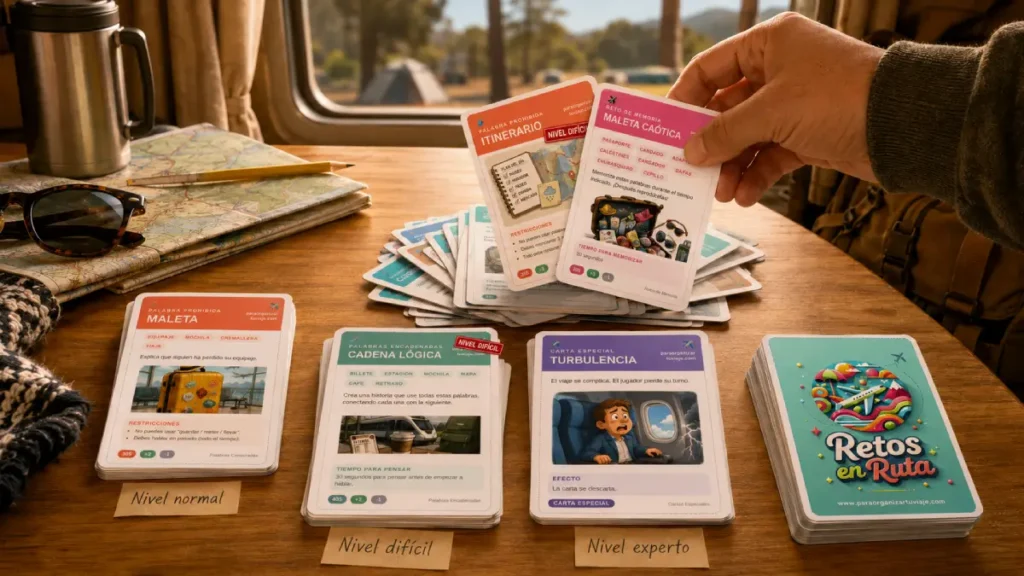 Cartas de Retos en Ruta con nivel normal, difícil y experto sobre una mesa de viaje, junto a un mazo con reverso oficial del juego