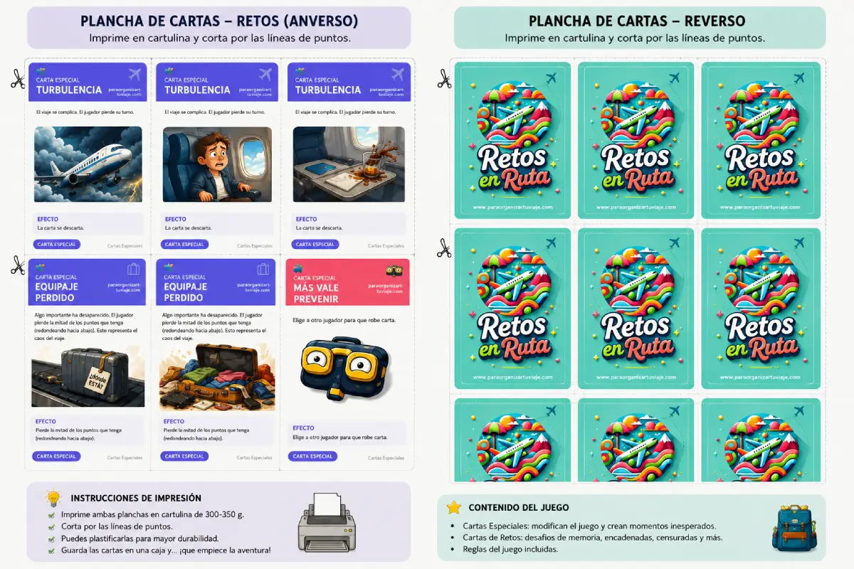 Planchas imprimibles de las cartas del juego Retos en Ruta juego imprimible gratis  para viajar en familia, incluyendo retos de memoria, palabras prohibidas, cadenas lógicas, cartas especiales y reverso oficial de las tarjetas.