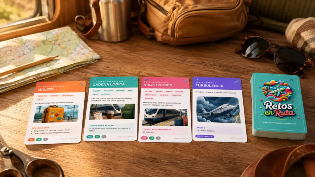 Tipos de cartas de Retos en Ruta sobre una mesa de viaje, con cartas de palabras censuradas, palabras encadenadas, retos de memoria, carta especial y mazo con reverso oficial