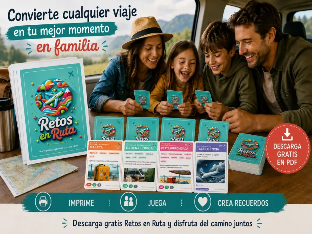 Familia jugando a Retos en Ruta, un juego imprimible gratis para viajar en familia sin pantallas, con cartas oficiales, mazo y descarga en PDF